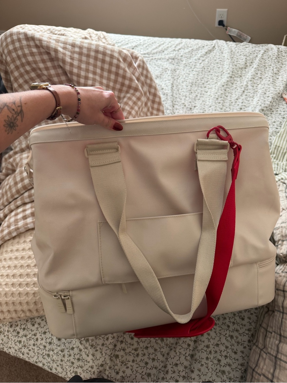 BEIS Cream Canvas Travel Tote with Red Strap
